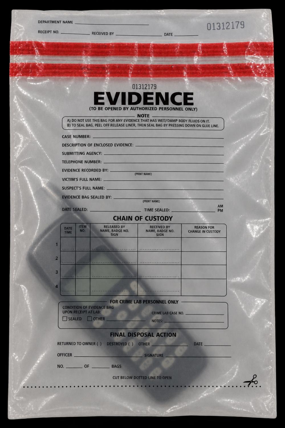 Clear police evidence bag containing a dark personal item