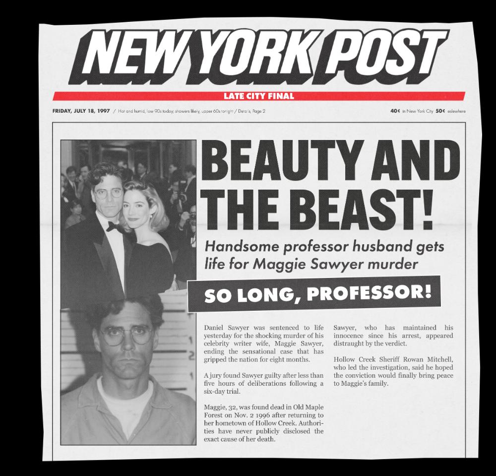 Newspaper front page reporting Daniel Sawyer sentenced for Maggie Sawyer's murder