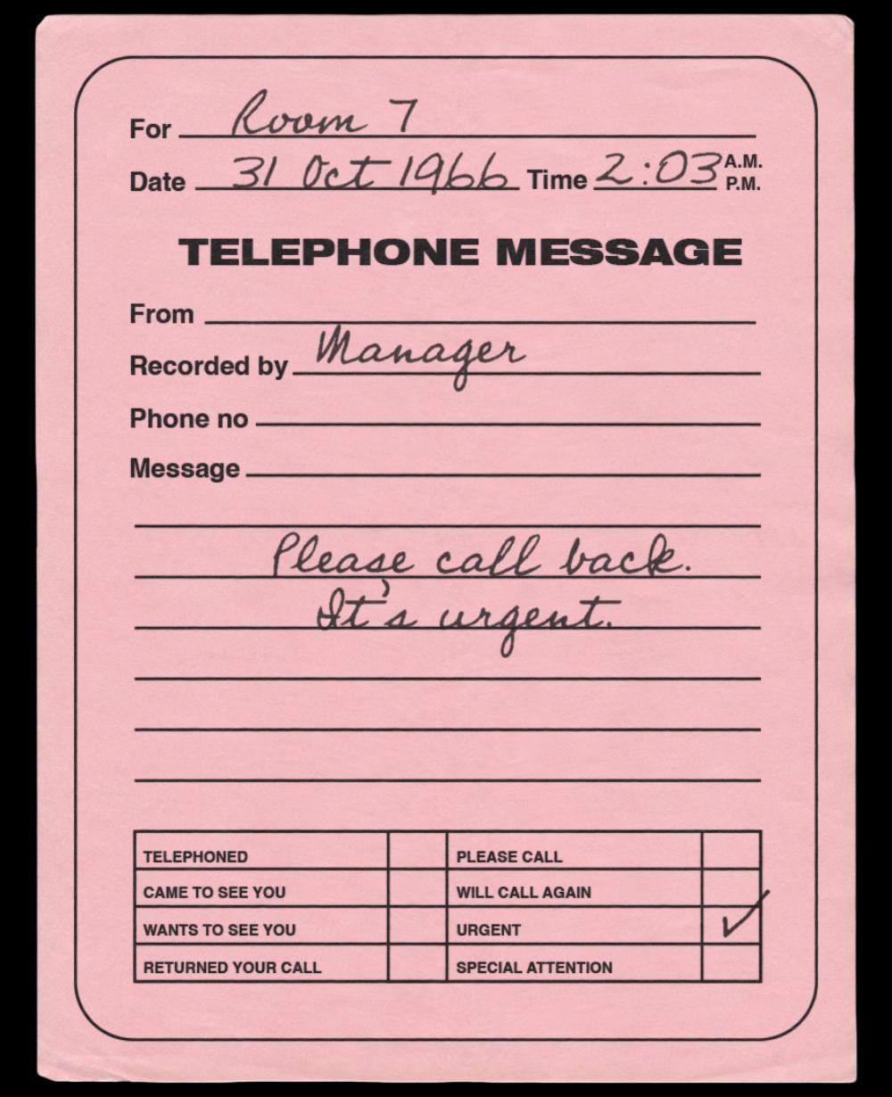 Pink telephone message slip asking Room 7 to call back urgently