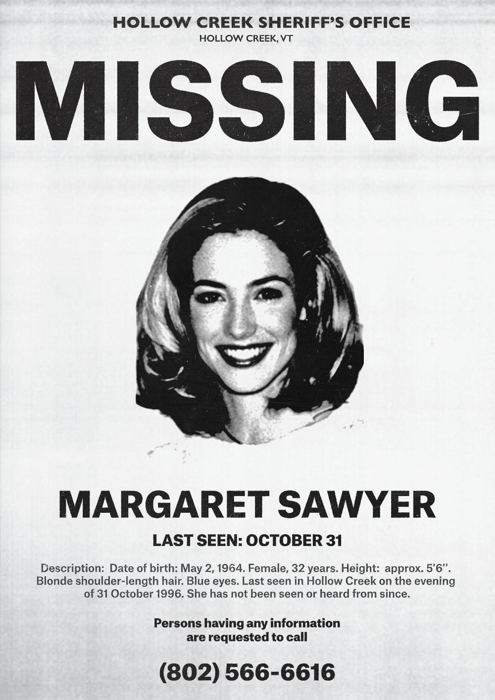 Missing person poster for Margaret Sawyer from the Hollow Creek Sheriff's Office